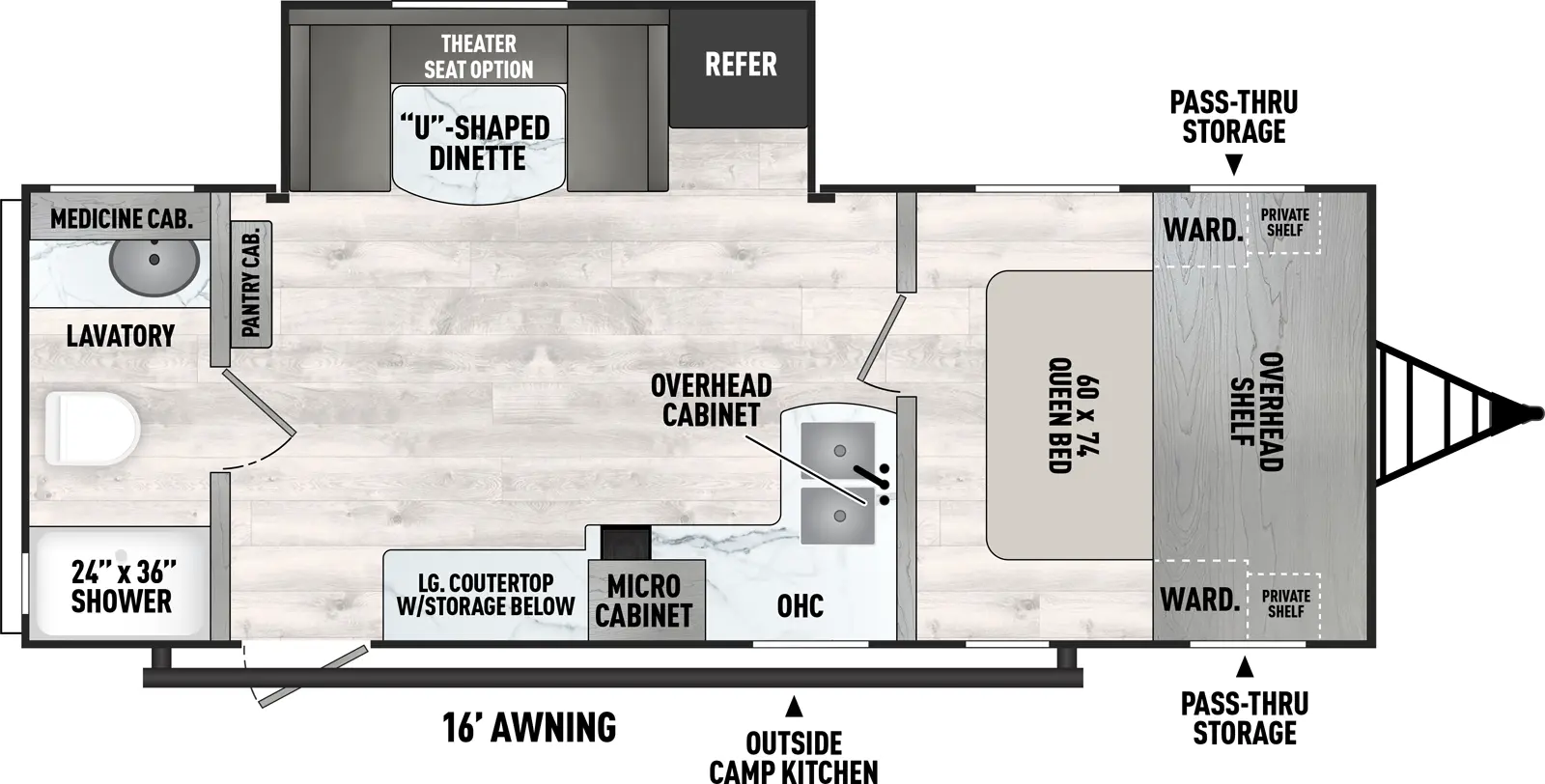 The Clipper Travel Trailers 251RBS has one entry and one slide out. Exterior features include: metal exterior, 16' awning and outside kitchen. Interiors features include: u-dinette, front bedroom and rear bathroom.